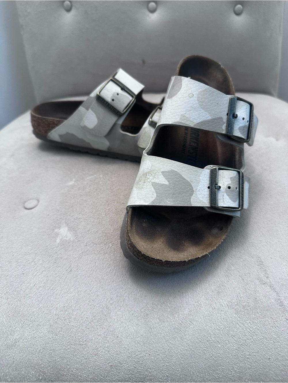 Women’s Birkenstock Sandals in Light Gray/White Camouflage
